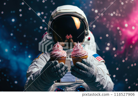 Galaxy Goodies: Close-up of Astronaut Enjoying Cupcakes Galaxy Goodies: Close-up of Astronaut Enjoying Cupcakes 118527906