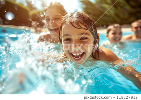 Splash of Joy: Up-Close with a Happy Family Poolside Splash of Joy: Up-Close with a Happy Family Poolside 118527912