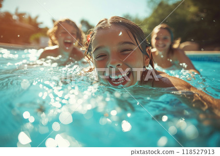 Sunny Aquatic Escapade: Family Frolic in the Backyard Pool Sunny Aquatic Escapade: Family Frolic in the Backyard Pool 118527913