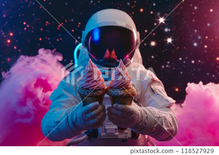 Intergalactic Snacking: Close-up of Astronaut with Cupcakes 118527929