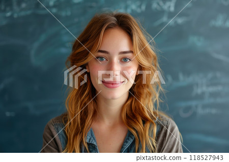 Joyful Instructor Engaging with Camera, Colorful Background Joyful Instructor Engaging with Camera, Colorful Background 118527943