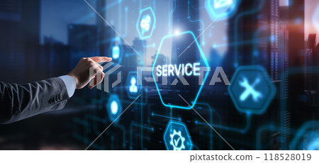 Businessman presses a button Service. Technical Support Customer Business Technology Internet Concept 118528019