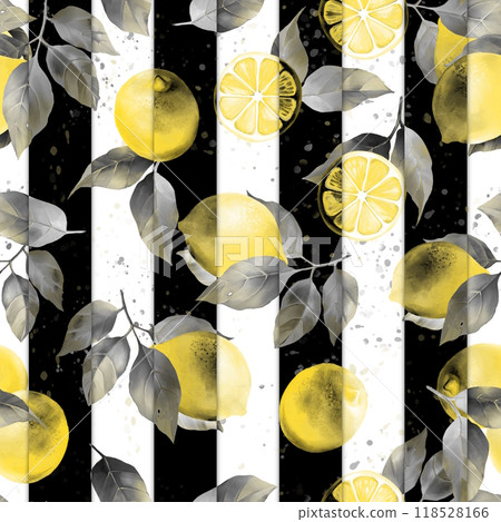 Striped background with hand drawn lemons. Fruit seamless pattern Striped background with hand drawn lemons. Fruit seamless pattern 118528166
