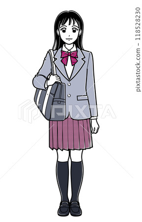 A high school girl in a blazer standing with a school bag on her shoulder (simple) A high school girl in a blazer standing with a school bag on her shoulder (simple) 118528230