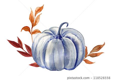 Fall composition with pumpkins, flowers and dry leaves isolated. Elegant autumn flora watercolor painting for design 118528338