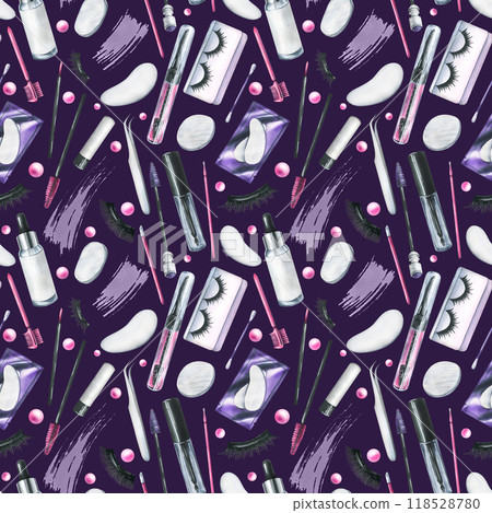 Decorative and personal care cosmetics in black and pink, jars, brushes, smears. Hand drawn watercolor illustration. Seamless pattern on a dark purple background for the beauty industry, design. 118528780
