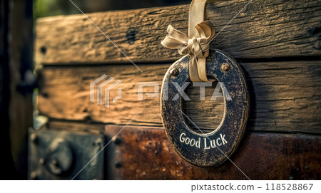 Good luck horseshoe hanging on wooden door 118528867