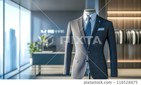 Elegant suit displayed on mannequin in tailoring atelier 118528875