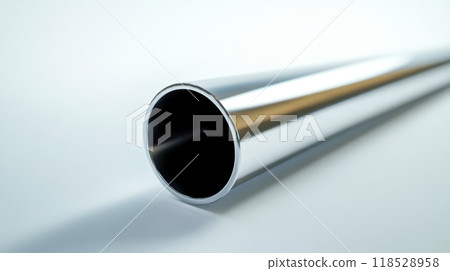 One polished metal pipe lying on a white surface 118528958
