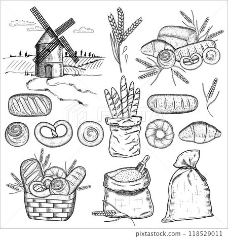 Set with mill, bakery, flour, wheat. Hand drawn vector illustration 118529011