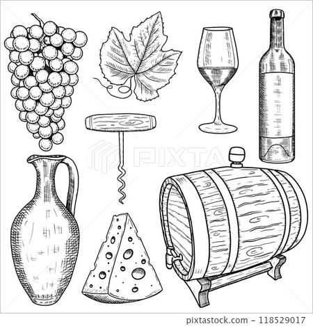 Set with a bottle of wine, glass, grapes, corkscrew, barrel, cheese. Vector illustration Set with a bottle of wine, glass, grapes, corkscrew, barrel, cheese. Vector illustration 118529017
