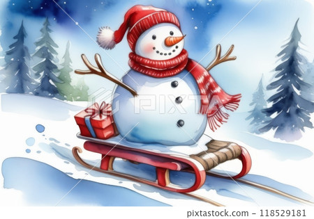 A snowman is riding down a sled with presents 118529181