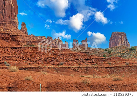 Panoramic picture of the glowing red geological sandstone formations in Monument Valley 118529373