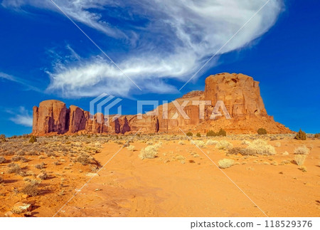 Panoramic picture of the glowing red geological sandstone formations in Monument Valley Panoramic picture of the glowing red geological sandstone formations in Monument Valley 118529376