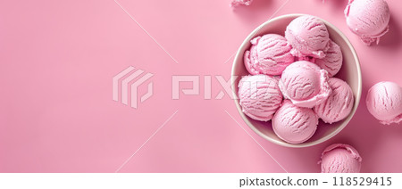 Pink Ice Cream Scoop Banner on Minimalistic Background, Perfect for Summer Promotions and Dessert Menus. Banner 118529415