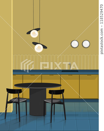 Contemporary Blue and Yellow Kitchen with black table and chair, Illustration 118529470