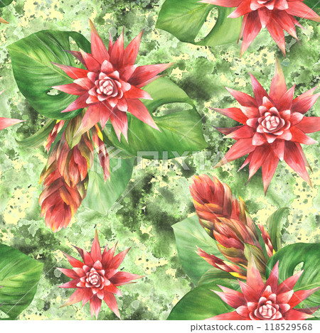 Tropical plant seamless pattern on watercolor stain splashes background. Red bromeliad flower, buds, anthurium leaf, exotic leaves. Hand drawn illustration on isolated green background  118529568