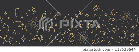 Confetti goden border doodle line drawing. Sketch burst with ribbon dots, firework explosion, firecracker. Celebration simple decor, party seamless holiday on dark background. Confetti goden border doodle line drawing. Sketch burst with ribbon dots, firework explosion, firecracker. Celebration simple decor, party seamless holiday on dark background. 118529644