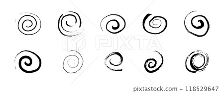Spiral abstract circle, swirl brush stroke hypnosis psychedelic shape, geometric textured form. Concetric grunge irregular free hand doodle meander. Spiral abstract circle, swirl brush stroke hypnosis psychedelic shape, geometric textured form. Concetric grunge irregular free hand doodle meander. 118529647