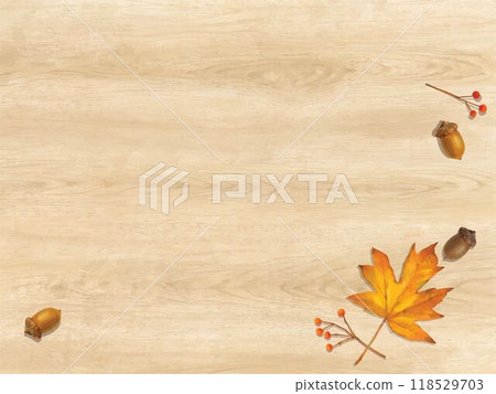 Cute wooden deck wallpaper background material of autumn leaves and nuts on a wooden board with warm colors 118529703