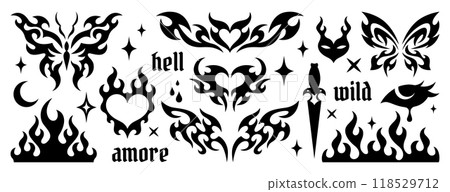 Y2k gothic tattoo stickers, neo tribal black ornaments in trendy emo style 118529712