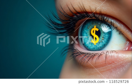 Close-up of human eye with dollar sign in iris, symbolizing financial focus, wealth, economic vision, money mindset, investment goals, business growth, personal finance, and economic success 118529726
