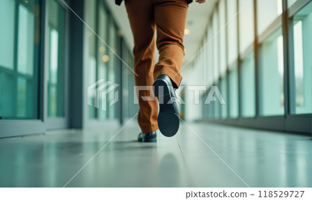 Businessman walking in modern office space, professional attire, corporate environment, dynamic perspective, workplace motion, office corridor stroll, executive on move 118529727