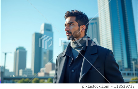 Ambitious Indian entrepreneur in business attire standing against high-rise buildings, corporate success, economic growth, modern cityscape, business expansion, India market growth 118529732