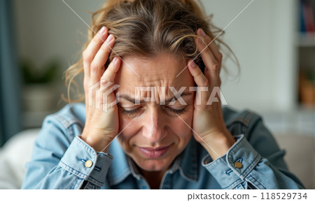 Frustrated woman holding her head in pain, suffering from intense headache or migraine. Depressed female in distress, feeling stressed and overwhelmed, experiencing health problems 118529734