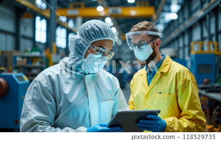 Research specialist in industrial facility, wearing protective suit and safety glasses, analyzing data on digital tablet, teamwork in high-tech environment, modern manufacturing plant Research specialist in industrial facility, wearing protective suit and safety glasses, analyzing data on digital tablet, teamwork in high-tech environment, modern manufacturing plant 118529735