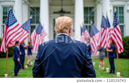 Future president of United States walking towards White House after election victory, back view, surrounded by American flags, symbolizing new leadership and transition of power Future president of United States walking towards White House after election victory, back view, surrounded by American flags, symbolizing new leadership and transition of power 118529743