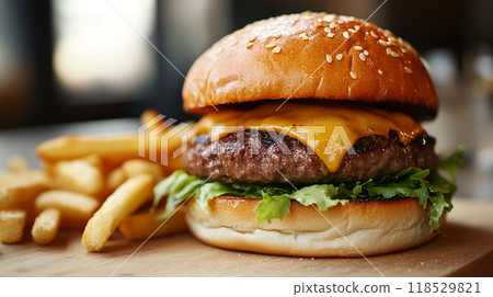 Cheese burger and French fries 118529821