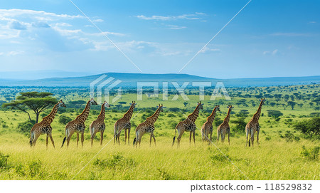 Giraffes walking on the African savanna 118529832