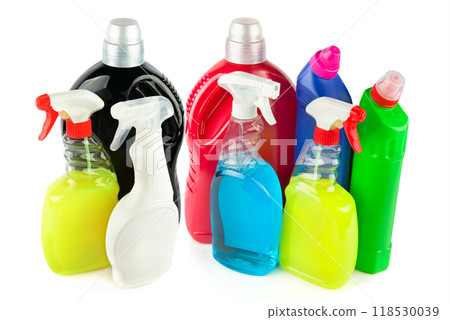 Bottles with household chemicals isolated on white. Bottles with household chemicals isolated on white. 118530039
