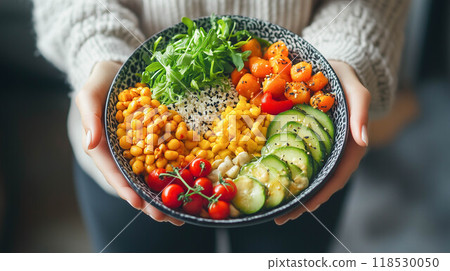 Woman holding plate with healthy diet vegan vegetarian food. 118530050