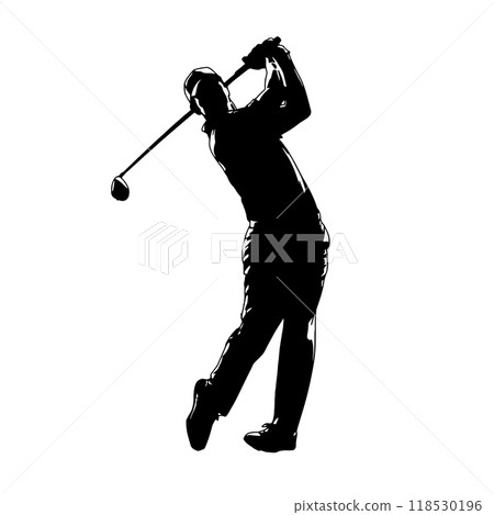 Golf Player Vector Illustration Set, Black and White Silhouettes. Collection of Different Golf Player Poses 118530196