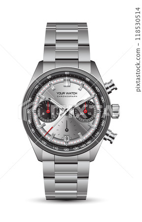 Realistic silver clock watch chronograph black red arrow white number desigm luxury classic for men on isolated background vector 118530514