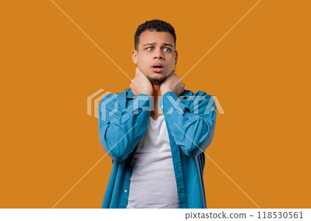Worried man doing panic despair gesture, like no, I forgot. Disappointed guy feeling sorrow 118530561