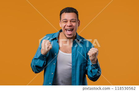 Handsome Man Shows Triumph Yes Gesture Of Victory, Achieved Result,Goals,Jackpot 118530562