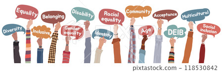 Isolated raised hands of people from diverse cultures holding speech bubbles with words expressing DEIB - diversity - equality - inclusion - belonging concept Isolated raised hands of people from diverse cultures holding speech bubbles with words expressing DEIB - diversity - equality - inclusion - belonging concept 118530842