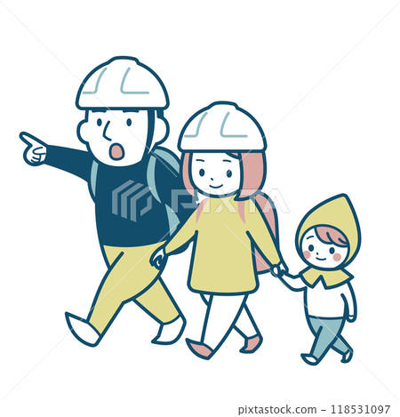 Illustration of a parent and child evacuating 118531097