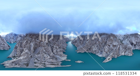 360 panorama of high mountain lake Kel Suu in cloudy weather, bird's eye view, turquoise color of water in a narrow mountain gorge 360 panorama of high mountain lake Kel Suu in cloudy weather, bird's eye view, turquoise color of water in a narrow mountain gorge 118531334