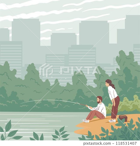 Young man and woman fishing near the river 118531407
