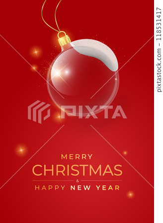 Christmas background. Xmas ornaments. Christmas tree decorations transparent ball hanging on golden ribbon, gold glitter confetti. Vector 118531417