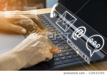 Concept Contact Us or Customer Support Hotline Connect Businessman uses laptop and touches contact icon on virtual screen 118531593