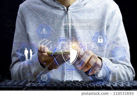 Keypad, cyber shield, lock, technology security system. Digital link. Cyber security with advanced technology. 118531693