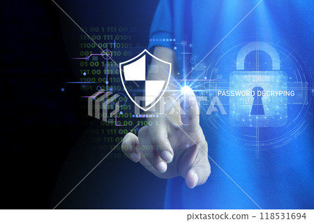 Keypad, cyber shield, lock, technology security system. Digital link. Cyber security with advanced technology. 118531694
