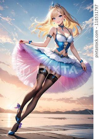 舞者在水邊翩翩起舞，身後是夕陽 118531797