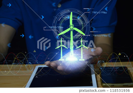 Technology for the environment Using environmentally friendly technology Engineer designs wind turbine models clean energy network Technology for the environment Using environmentally friendly technology Engineer designs wind turbine models clean energy network 118531936
