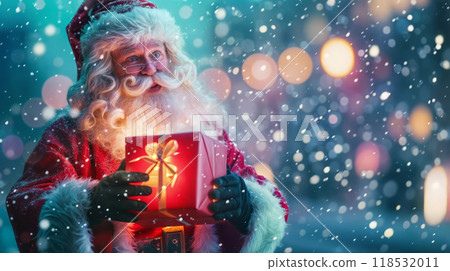 Futuristic Santa Claus Holding a Glowing Gift Box in a Magical Snowy Setting 118532011